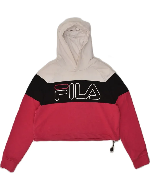 FILA Womens Crop Graphic Hoodie Jumper UK 6 XS White Colourblock Cotton Hooded Sweatshirt Casual Wear Street Style