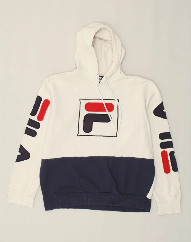 FILA Womens Graphic Hoodie Jumper UK 12 Medium Off White Colourblock Hoodie with Cuffed Sleeves Snug Secure FILA Womens Graphic Hoodie Jumper UK 12 Medium Off White Colourblock Hoodie with Cuffed Sleeves Snug Secure