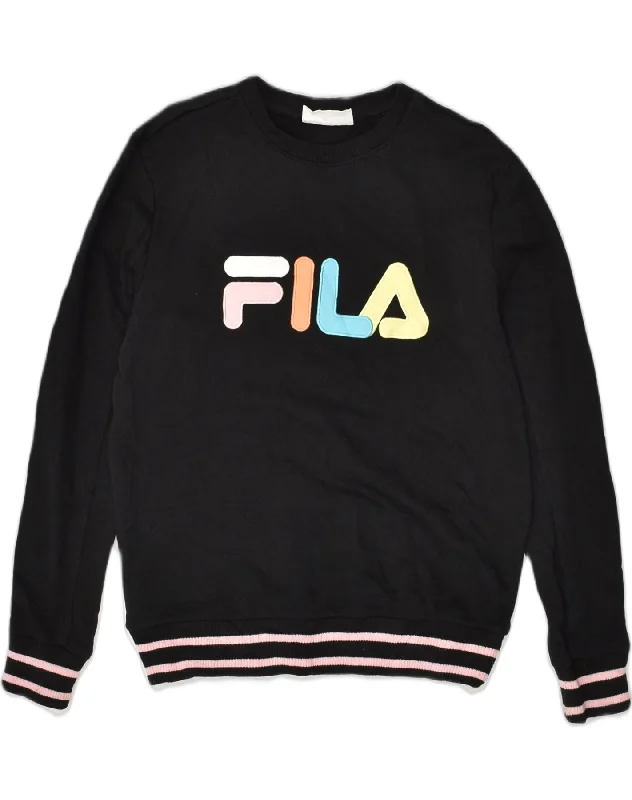 FILA Womens Graphic Sweatshirt Jumper UK 10 Small Black Cotton Hoodie with Raglan Sleeves Sporty Comfortable FILA Womens Graphic Sweatshirt Jumper UK 10 Small Black Cotton Hoodie with Raglan Sleeves Sporty Comfortable