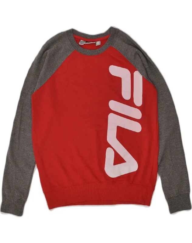 FILA Womens Graphic Sweatshirt Jumper UK 12 Medium  Red Colourblock Hoodie with Hem Ribbing Snug Secure