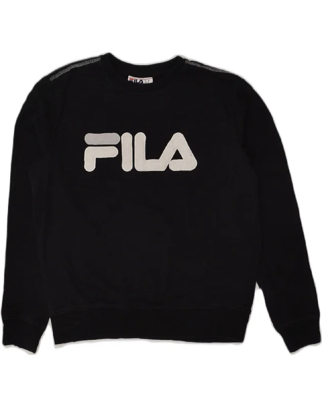 FILA Womens Graphic Sweatshirt Jumper UK 14 Medium Black Hoodie with Hem Fringe Bohemian Relaxed