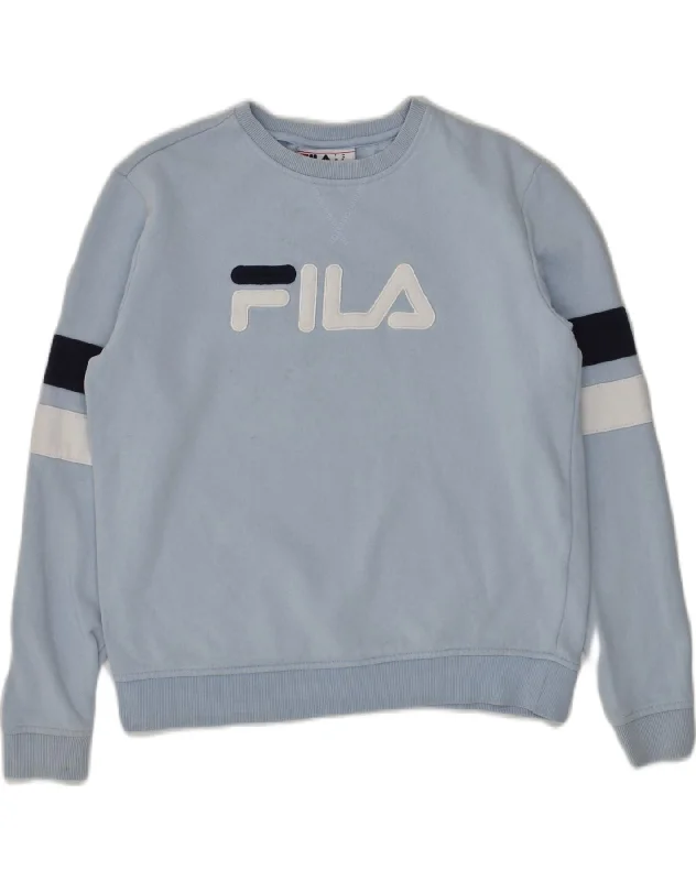 FILA Womens Graphic Sweatshirt Jumper UK 14 Medium Blue Cotton Hoodie with Illustration Artistic Creative