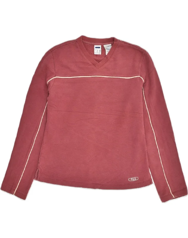 FILA Womens Sweatshirt Jumper UK 12 Medium Burgundy Cotton Hoodie with Belted Waist Structured Tailored