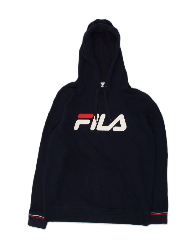 FILA Womens Tall Graphic Hoodie Jumper UK 18 XL Navy Blue Cotton Hoodie with Mesh Breathable Sporty