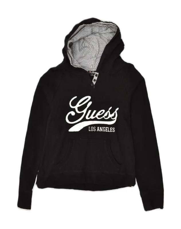 GUESS Womens Graphic Hoodie Jumper UK 12 Medium Black Cotton Hoodie with Zipper Placket Modern Functional GUESS Womens Graphic Hoodie Jumper UK 12 Medium Black Cotton Hoodie with Zipper Placket Modern Functional