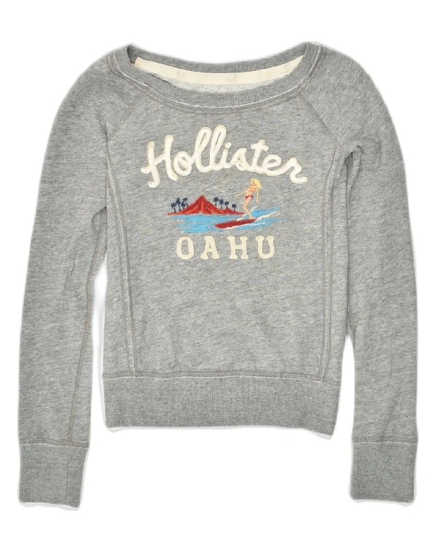 HOLLISTER Womens California Graphic Sweatshirt Jumper UK 4 XS Grey Cotton Hoodie with Zipper Placket Modern Functional