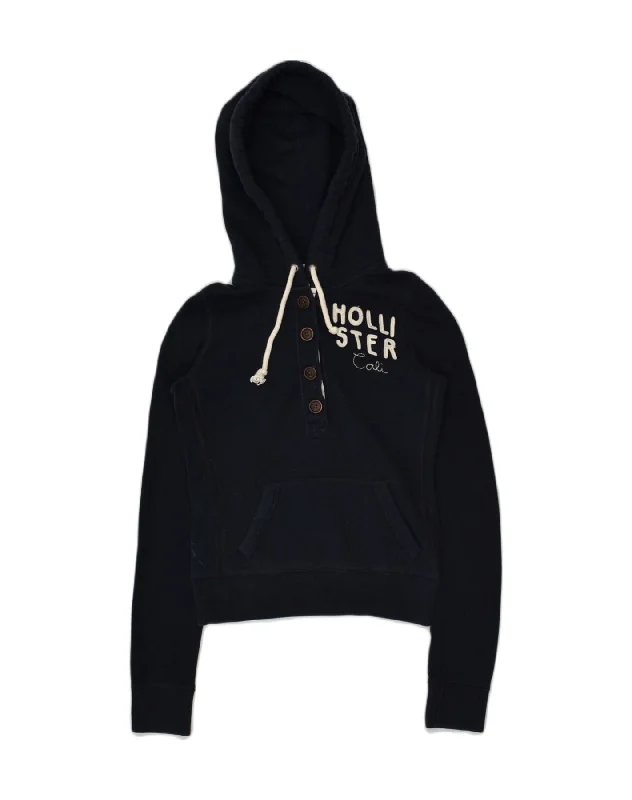 HOLLISTER Womens Crop Button Neck Hoodie Jumper UK 4 XS Navy Blue Cotton Hoodie with Contrast Stitching Detailed Premium HOLLISTER Womens Crop Button Neck Hoodie Jumper UK 4 XS Navy Blue Cotton Hoodie with Contrast Stitching Detailed Premium