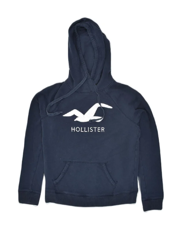 HOLLISTER Womens Graphic Hoodie Jumper UK 10 Small Navy Blue Cotton Hoodie with Set-In Sleeves Structured Classic