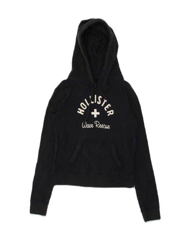 HOLLISTER Womens Graphic Hoodie Jumper UK 10 Small Navy Blue Cotton Hoodie with Drawstring Waist Adjustable Fitted HOLLISTER Womens Graphic Hoodie Jumper UK 10 Small Navy Blue Cotton Hoodie with Drawstring Waist Adjustable Fitted