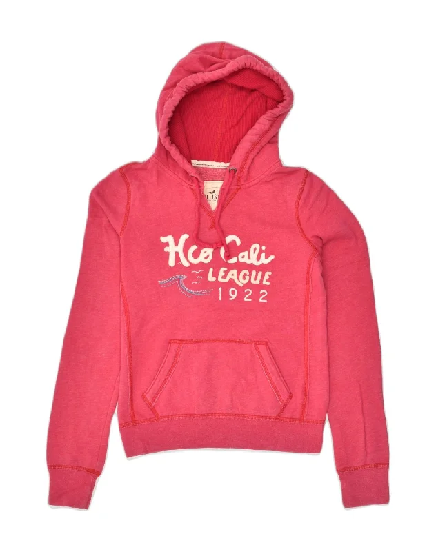 HOLLISTER Womens Graphic Hoodie Jumper UK 10 Small Pink Cotton Hoodie with Set-In Sleeves Structured Classic