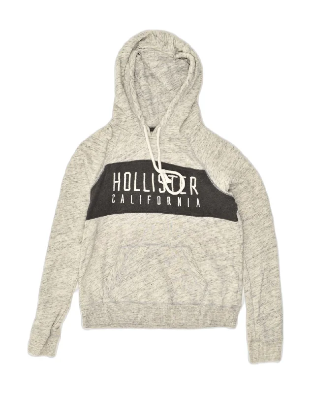 HOLLISTER Womens Graphic Hoodie Jumper UK 12 Medium Grey Colourblock Hoodie with Contrast Stitching Detailed Premium