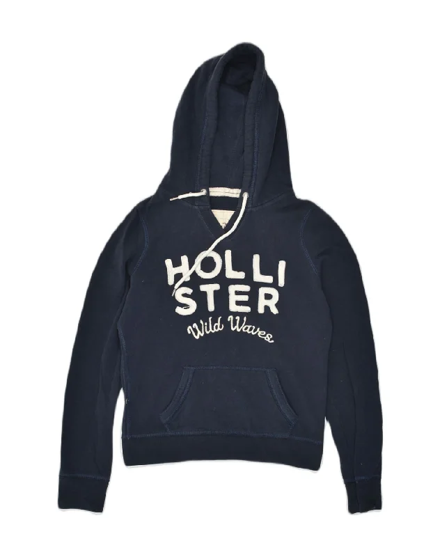 HOLLISTER Womens Graphic Hoodie Jumper UK 14 Medium Navy Blue Cotton Hoodie with Lace Feminine Delicate