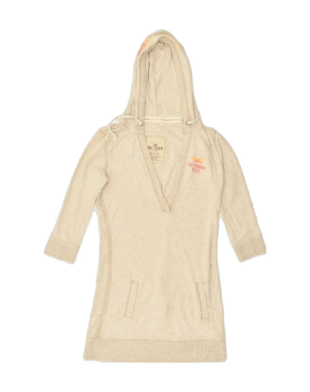 HOLLISTER Womens Longline 3/4 Sleeve Hoodie Jumper UK 12  Medium Beige Hoodie with Print Artistic Unique