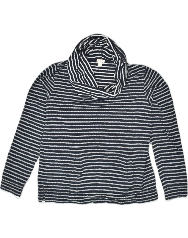 J. CREW Womens Roll Neck Sweatshirt Jumper UK 14 Medium Navy Blue Striped Hoodie with Raglan Sleeves Sporty Comfortable