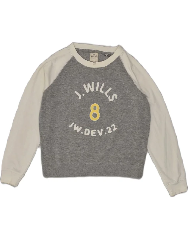 JACK WILLS Womens Crop Graphic Sweatshirt Jumper UK 10 Small Grey Hoodie with Back Slit Movement Comfort