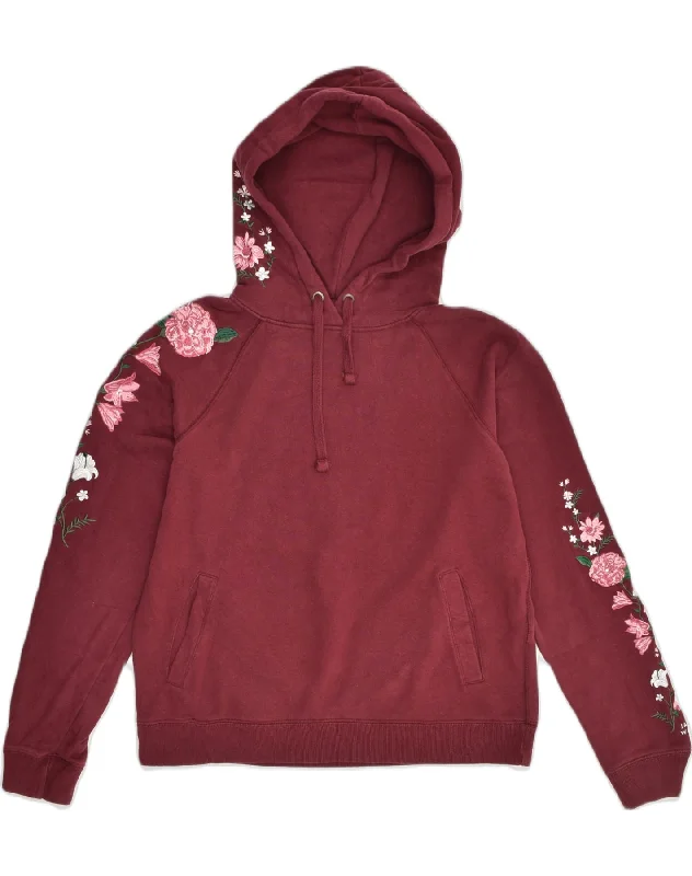 JACK WILLS Womens Crop Hoodie Jumper UK 10 Small  Maroon Floral Cotton Hoodie with High Neck Warm Protective