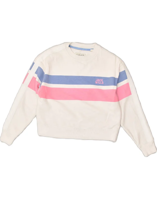 JACK WILLS Womens Crop Sweatshirt Jumper UK 10 Small White Striped Cotton Hoodie with Logo Branding Identity JACK WILLS Womens Crop Sweatshirt Jumper UK 10 Small White Striped Cotton Hoodie with Logo Branding Identity