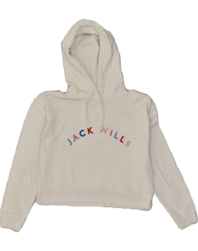 JACK WILLS Womens Graphic Crop Hoodie Jumper UK 8 Small  White Cotton Hoodie with Gradient Ombre Colorful