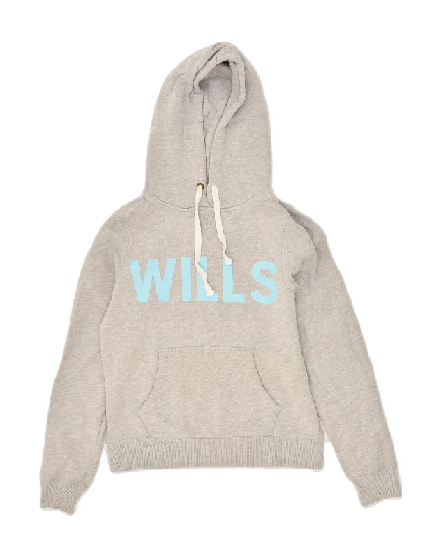 JACK WILLS Womens Graphic Hoodie Jumper UK 10 Small Grey Cotton Hoodie with Raglan Sleeves Sporty Comfortable