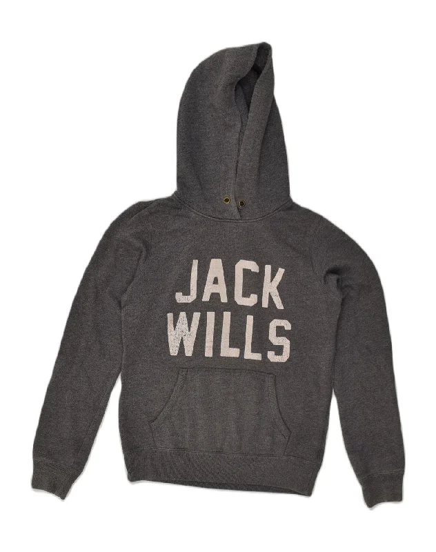 JACK WILLS Womens Graphic Hoodie Jumper UK 10 Small Grey Cotton Hoodie with Hem Raw Edge Edgy Unfinished