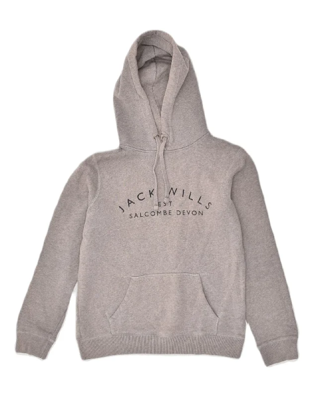 JACK WILLS Womens Graphic Hoodie Jumper UK 10 Small Grey Cotton Hoodie with Emblem Brand Identity JACK WILLS Womens Graphic Hoodie Jumper UK 10 Small Grey Cotton Hoodie with Emblem Brand Identity