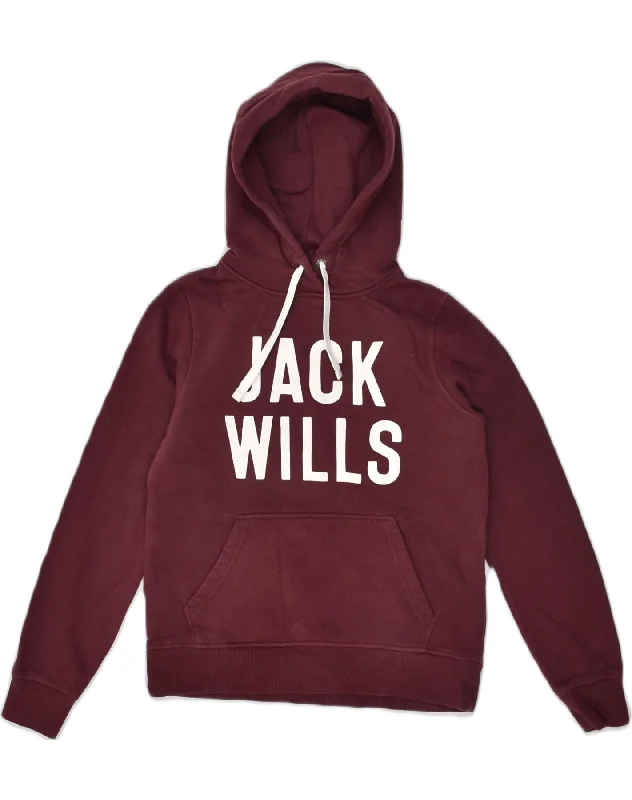 JACK WILLS Womens Graphic Hoodie Jumper UK 10 Small  Maroon Cotton Hoodie with Cropped Fit Short Trendy