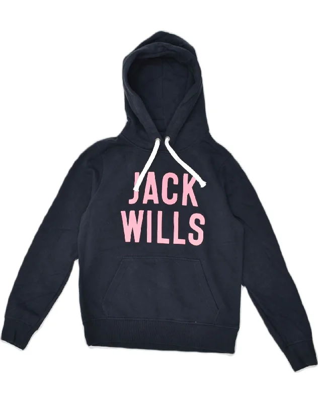 JACK WILLS Womens Graphic Hoodie Jumper UK 10 Small  Navy Blue Cotton Hoodie with Emblem Brand Identity