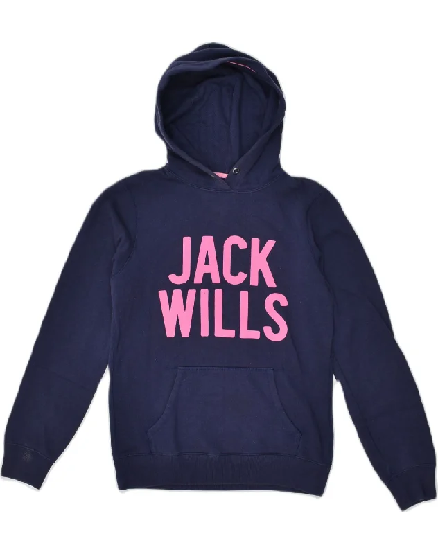 JACK WILLS Womens Graphic Hoodie Jumper UK 10 Small  Navy Blue Cotton Hoodie with Zipper Versatile Modern