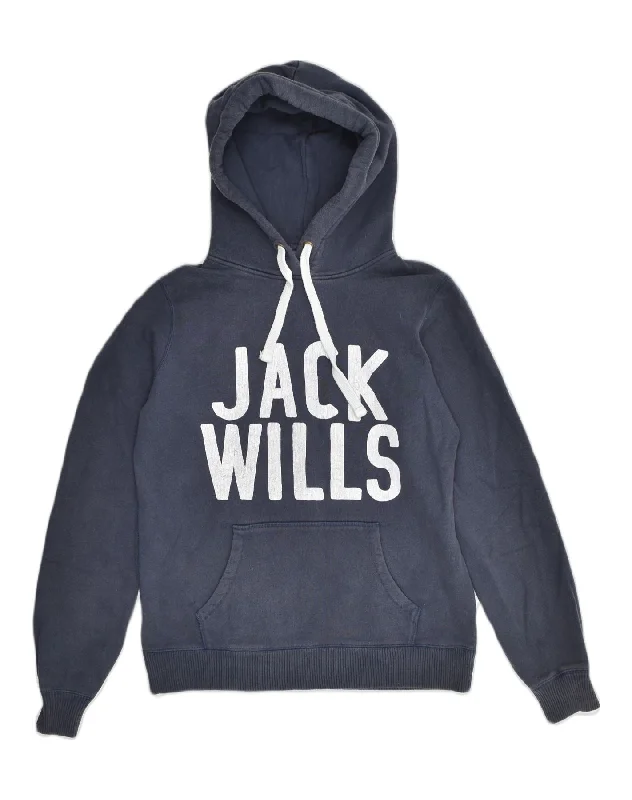 JACK WILLS Womens Graphic Hoodie Jumper UK 10 Small  Navy Blue Cotton Hoodie with Mock Neck Collared Structured