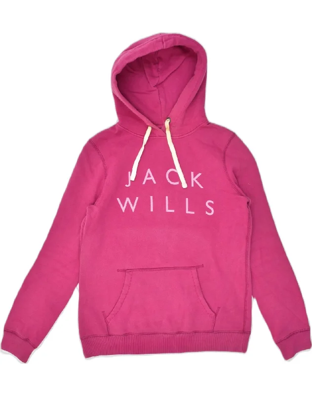 JACK WILLS Womens Graphic Hoodie Jumper UK 10 Small Pink Cotton Hoodie with High-Low Hem Asymmetrical Trendy