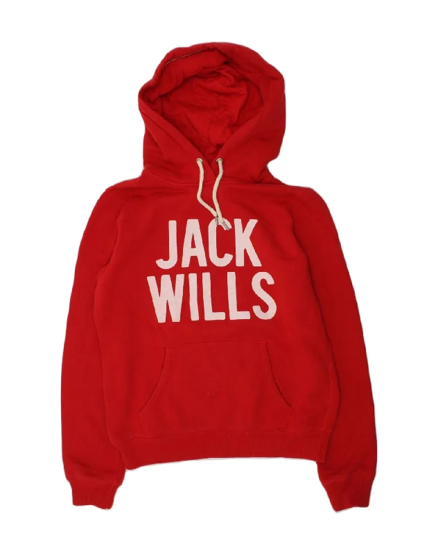 JACK WILLS Womens Graphic Hoodie Jumper UK 10 Small  Red Cotton Hoodie Jacket Zipper Layering