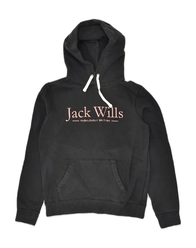 JACK WILLS Womens Graphic Hoodie Jumper UK 12 Medium  Black Cotton Hoodie with Hem Frayed Vintage Worn