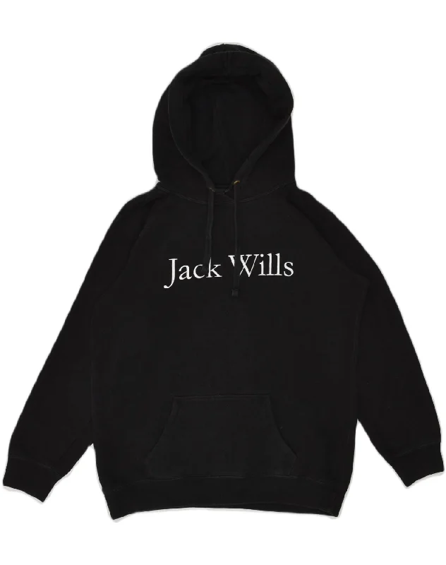 JACK WILLS Womens Graphic Hoodie Jumper UK 12 Medium  Black Cotton Hoodie with Hem Ribbing Snug Secure