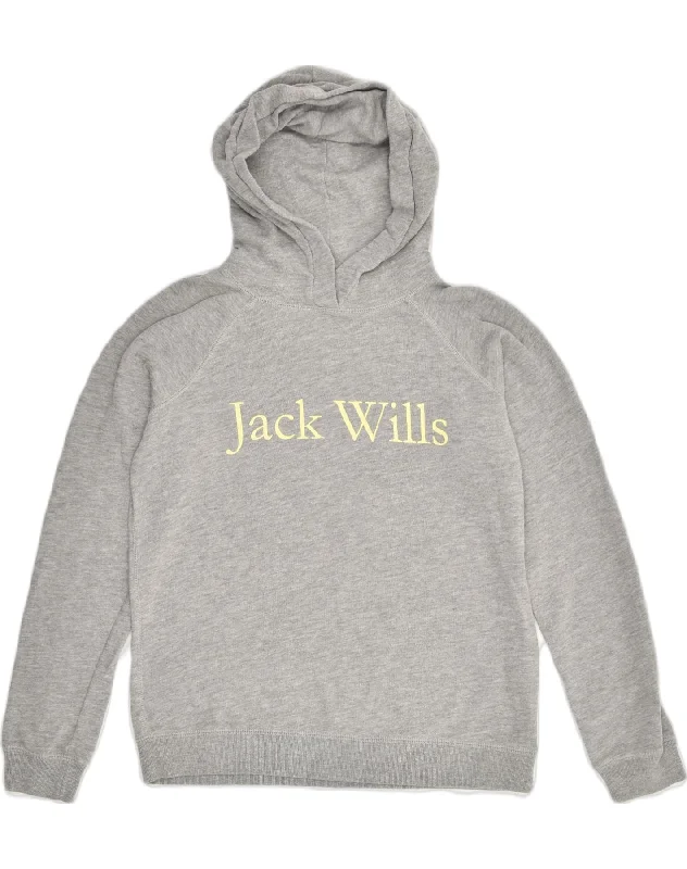 JACK WILLS Womens Graphic Hoodie Jumper UK 12 Medium  Grey Cotton Hoodie with V-Neck Classic Versatile