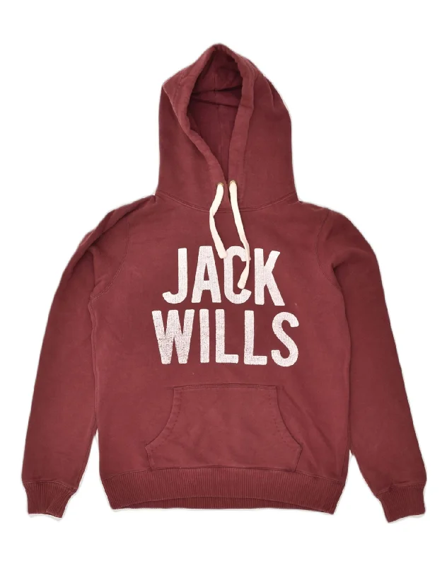 JACK WILLS Womens Graphic Hoodie Jumper UK 12 Medium Maroon Cotton Hoodie with Hem Applique Textured Unique