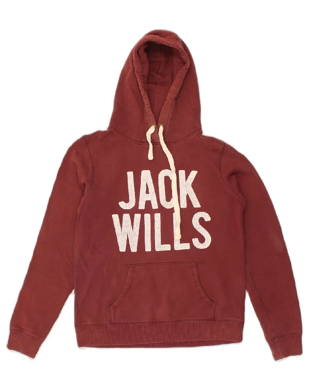 JACK WILLS Womens Graphic Hoodie Jumper UK 12 Medium Maroon Cotton Hoodie with Oversized Fit Loose Comfortable