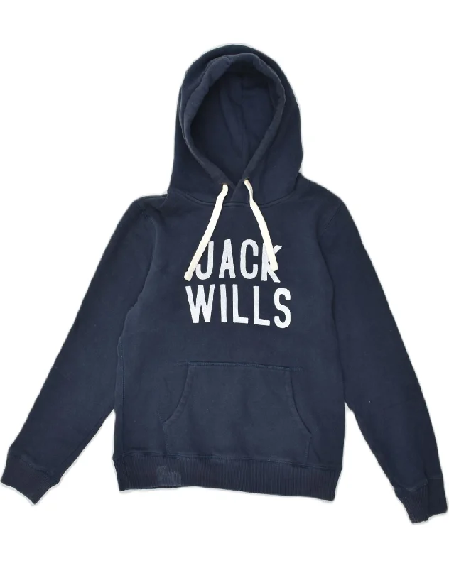 JACK WILLS Womens Graphic Hoodie Jumper UK 12 Medium  Navy Blue Cotton Hoodie with High-Low Hem Asymmetrical Trendy