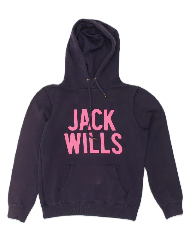 JACK WILLS Womens Graphic Hoodie Jumper UK 12 Medium Navy Blue Cotton Hoodie with Stripes Bold Sporty