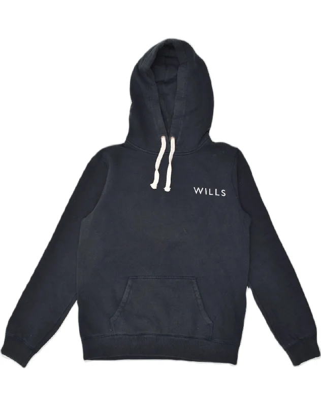 JACK WILLS Womens Graphic Hoodie Jumper UK 12 Medium Navy Blue Cotton Hoodie with Button Classic Timeless