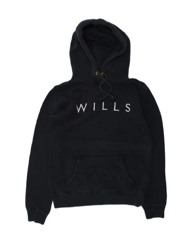 JACK WILLS Womens Graphic Hoodie Jumper UK 12 Medium  Navy Blue Cotton Hoodie Crop Top Short Trendy