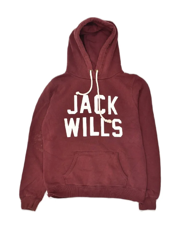 JACK WILLS Womens Graphic Hoodie Jumper UK 14 Large Burgundy Cotton Hoodie with Ribbed Neckline Snug Warm