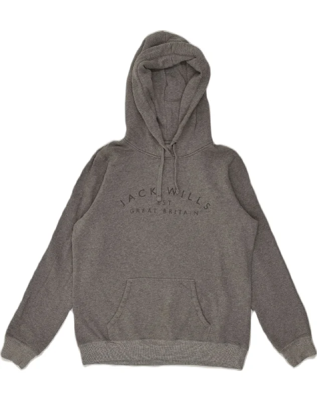 JACK WILLS Womens Graphic Hoodie Jumper UK 14 Large  Grey Cotton Hoodie with Side Slits Relaxed Casual