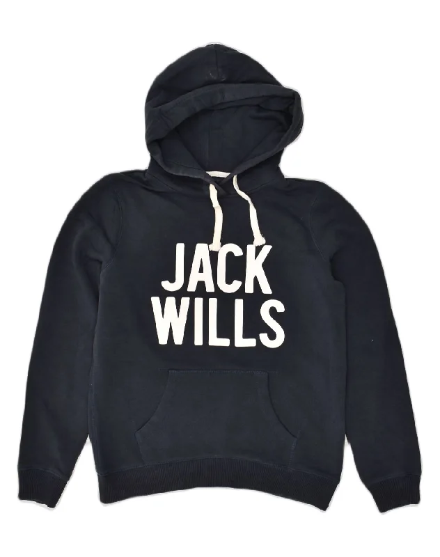 JACK WILLS Womens Graphic Hoodie Jumper UK 14 Large Navy Blue Cotton Hoodie with Exposed Zipper Edgy Industrial JACK WILLS Womens Graphic Hoodie Jumper UK 14 Large Navy Blue Cotton Hoodie with Exposed Zipper Edgy Industrial