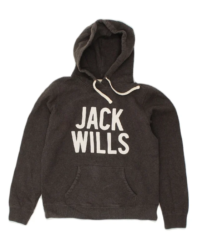 JACK WILLS Womens Graphic Hoodie Jumper UK 14 Medium Grey Cotton Hoodie with Button Placket Classic Preppy