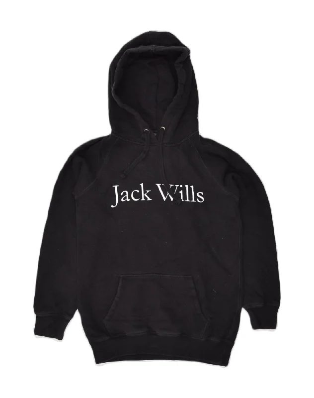 JACK WILLS Womens Graphic Hoodie Jumper UK 6 XS Black Cotton Hoodie with Hem Frayed Vintage Worn