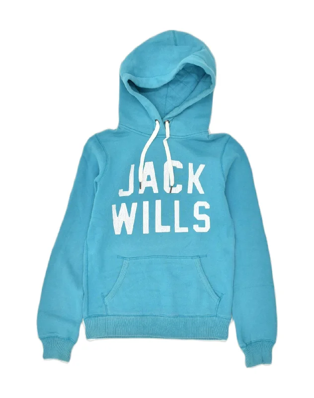 JACK WILLS Womens Graphic Hoodie Jumper UK 6 XS Blue Cotton Hoodie with Contrast Stitching Detailed Premium