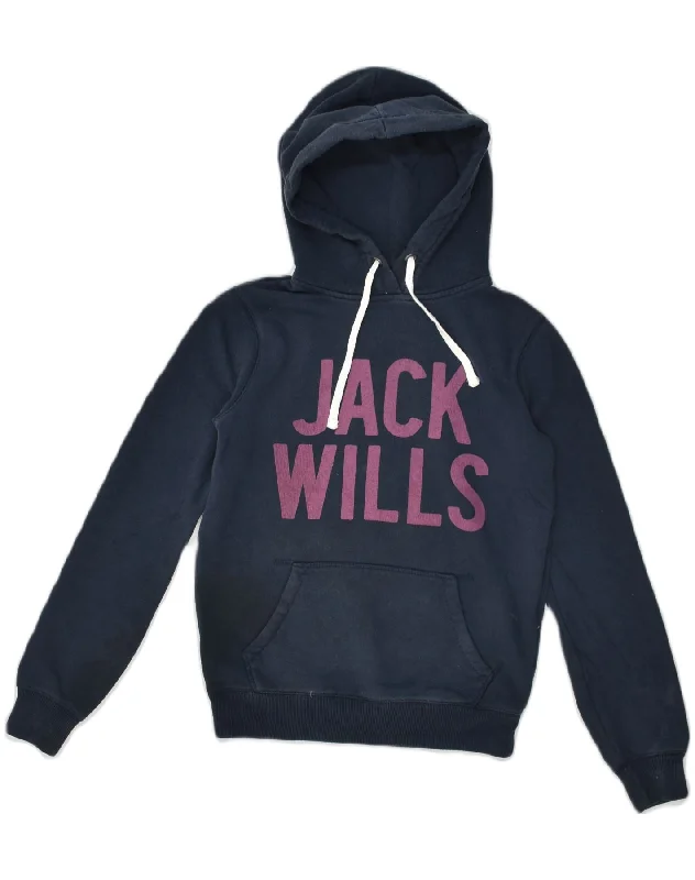 JACK WILLS Womens Graphic Hoodie Jumper UK 6 XS Navy Blue Cotton Hoodie with Fur Luxurious Winter