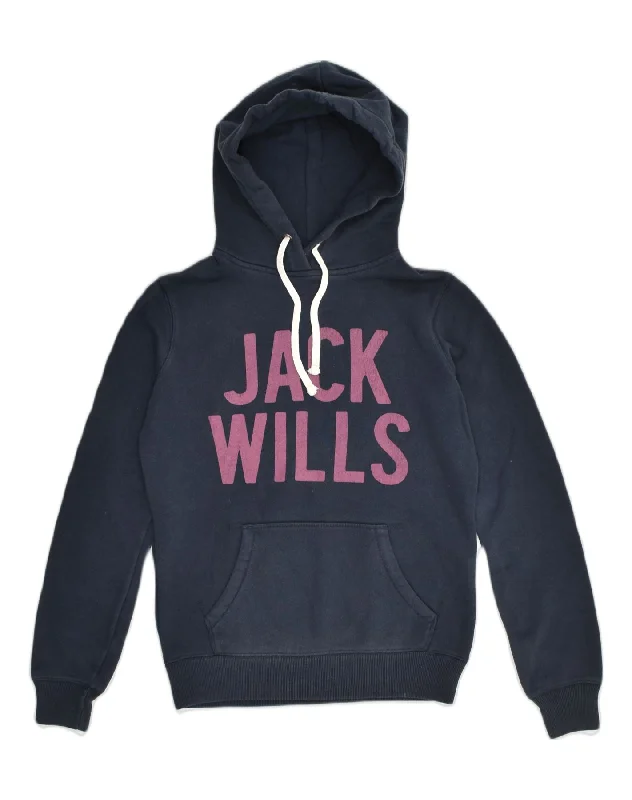 JACK WILLS Womens Graphic Hoodie Jumper UK 6 XS  Navy Blue Cotton Hoodie with Turtle Neck Cozy Winter