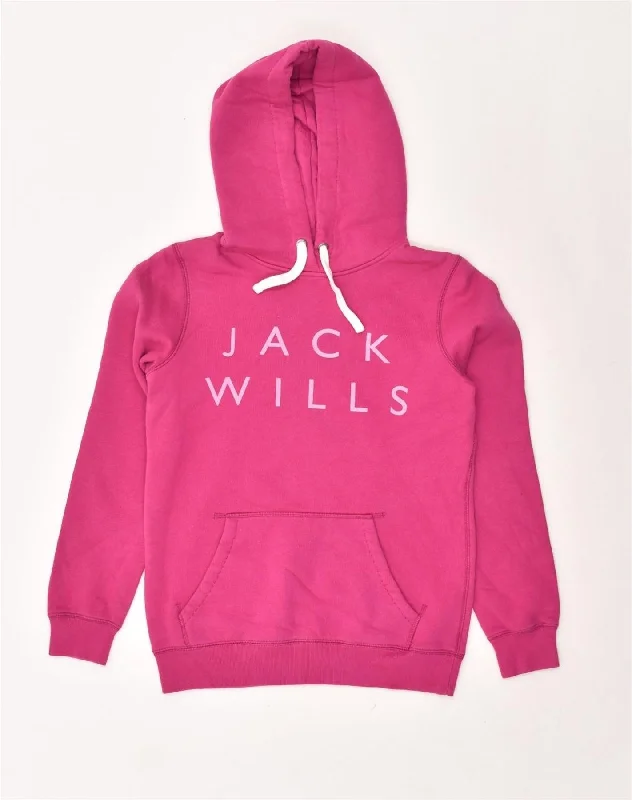 JACK WILLS Womens Graphic Hoodie Jumper UK 6 XS Pink Cotton Zip Hoodie Drawstring Kangaroo Pocket