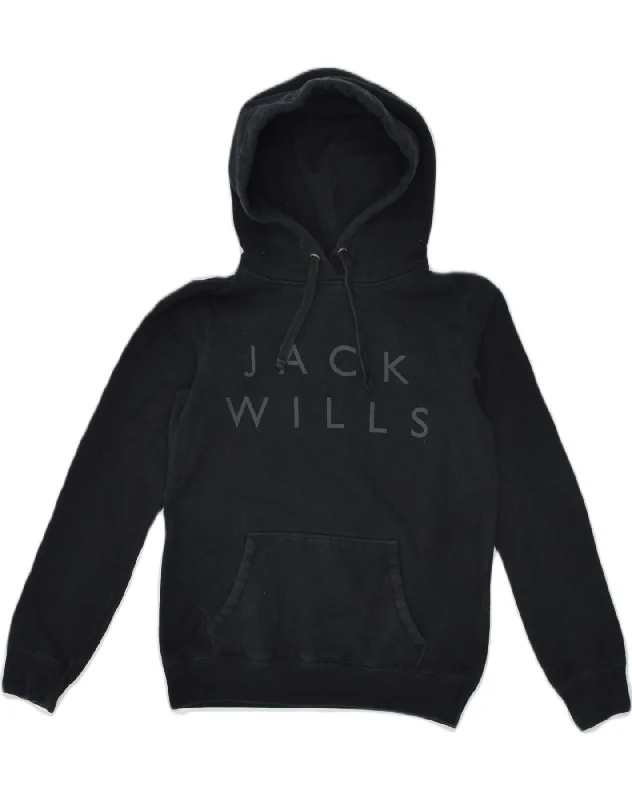 JACK WILLS Womens Graphic Hoodie Jumper UK 8 Small Black Cotton Hoodie with Drawstring Waist Adjustable Fitted